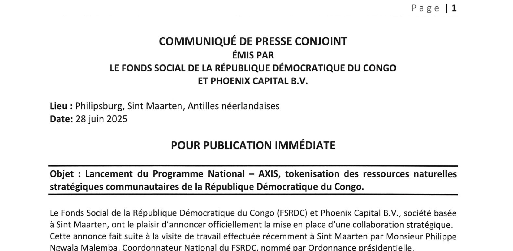 Lancement du Programme National - AXIS, tokenisation des ressources naturelles stratégiques communautaires de la République Démocratique du Congo.